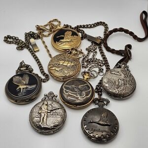 Lot of 7 Vintage Pocket Watches Eagle, Horse, Fishing, Hunting, Remington, Ducks